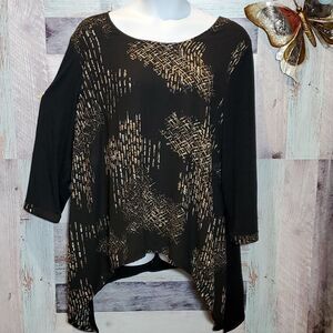 Catherines Sz 3X Black Tan Splotches Sharkbite Hem Blouse Plus Casual 624